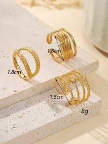 3件套不锈钢金色多层旭日戒指套装，夸张时尚，适合女性日常装饰或送礼 - 金黃色 - 查看 3