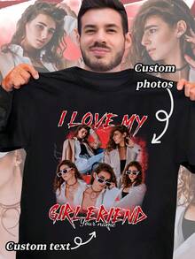 Customized Photo T-Shirt - Add Your Favorite Photo And Text (Girlfriend Photo/Couple Photo/Family Photo/Selfie/Pet Photo/Friend Photo) - Black - View 3