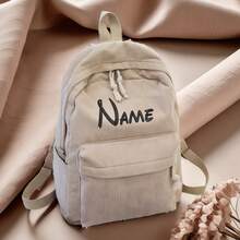 1pc Personalized Name Corduroy Casual Backpack, College Style Simple Streetwear Spacious Bag (Beige) - Beige - View 10