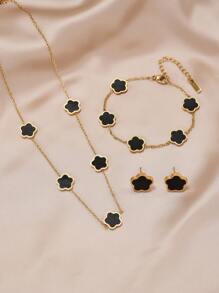 4pcs Stainless Steel 5-Petal Flower Jewelry Set: 1pc Necklace + 1pc Bracelet + 2pcs Earrings, Elegant Fashion Accessories For Women Valentines,Mom,Mother,Mother's Day,Gift