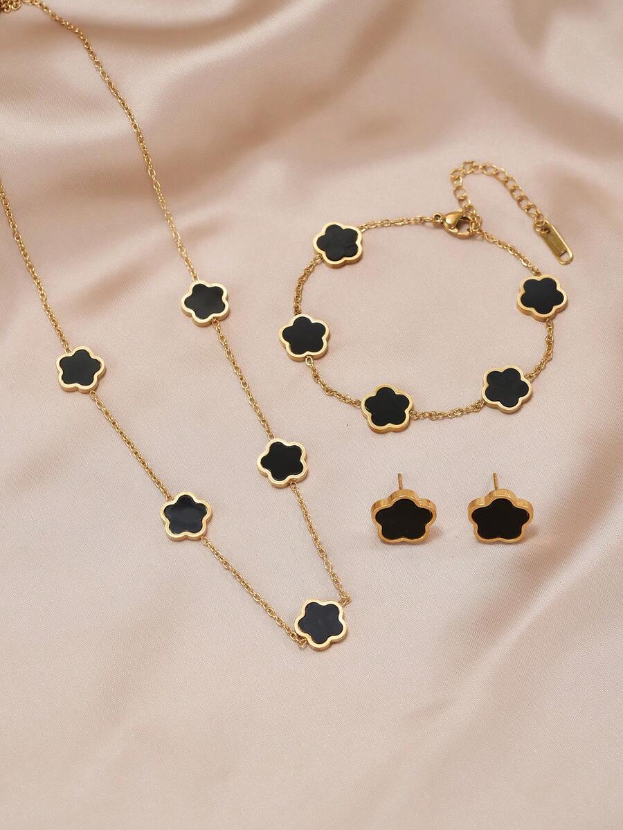 Bộ trang sức hoa 5 cánh bằng thép không gỉ 4 món: 1 vòng cổ + 1 vòng tay + 2 bông tai, Phụ kiện thời trang thanh lịch dành cho phụ nữ Ngày lễ tình nhân, Mẹ, Mẹ, Ngày của Mẹ, Quà tặng - phong cách hoa - Xem 1