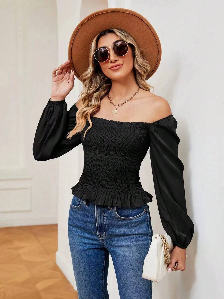 Nuevo estilo de primavera y verano con hombros abiertos y hojas de loto para adelgazar a las mujeres con blusas de manga larga - Negro - Ver 1