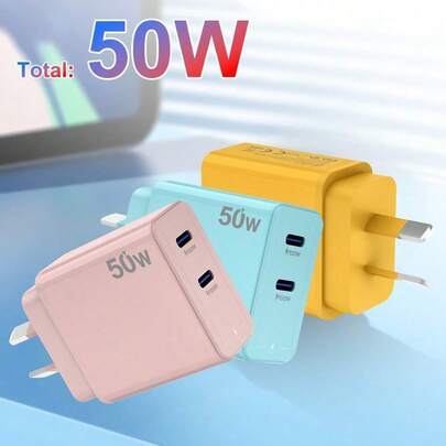 Adaptador de viaje de 50W con doble puerto, tipo C con PD + QC3.0, cargador USB-C de carga rápida compatible con iPhone 16/15/14/13/12/11 Plus/Pro Max/X/8, Galaxy S25/S24/S23/S22 Ultra/S20/S20+/Note 20/10/9/8/A73/A53/A52