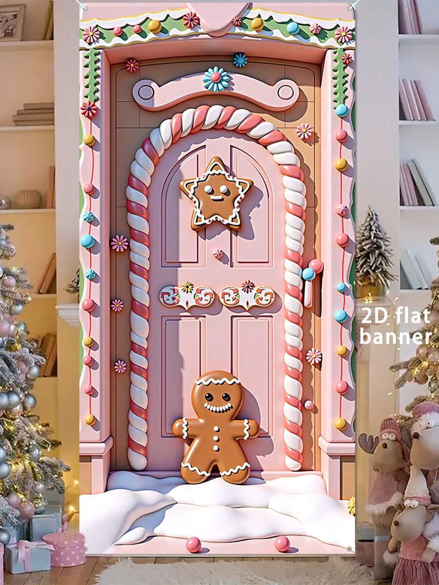 1 件圣诞姜饼人设计门横幅，35.4 英寸 X 70.8 英寸，耐用涤纶材料，圣诞装饰，圣诞派对装饰，室内外均可，非常适合门廊、庭院、车库和家庭装饰 - B款35.4inX70.8in(90cmX180cm) - 查看 1