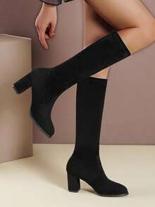 7.5厘米尖头弹力过膝靴，绒面革面料，青少年时尚靴子，秋冬款 - 黑色 - 查看 2