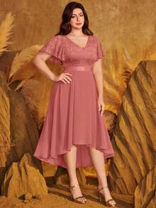 优雅 V 领蝴蝶袖花卉蕾丝撞色雪纺高低下摆正式舞会晚会摇摆礼服、返校节礼服、婚礼宾客礼服，适合生日、毕业典礼、晚宴 - 藕粉色 - 查看 12