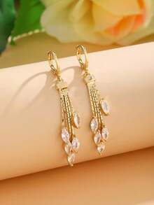 2pcs Fashionable & Elegant Long Colored Cubic Zirconia Earrings, Birthday Gift Jewelry - Leaf - View 10