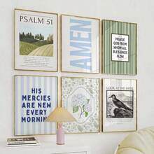 6 幅基督教壁画蓝绿色主题印刷帆布画圣经诗句海报学院风床头装饰适用于客厅、卧室、公寓、宿舍房间装饰礼物（无框） - 彩色 - 查看 1