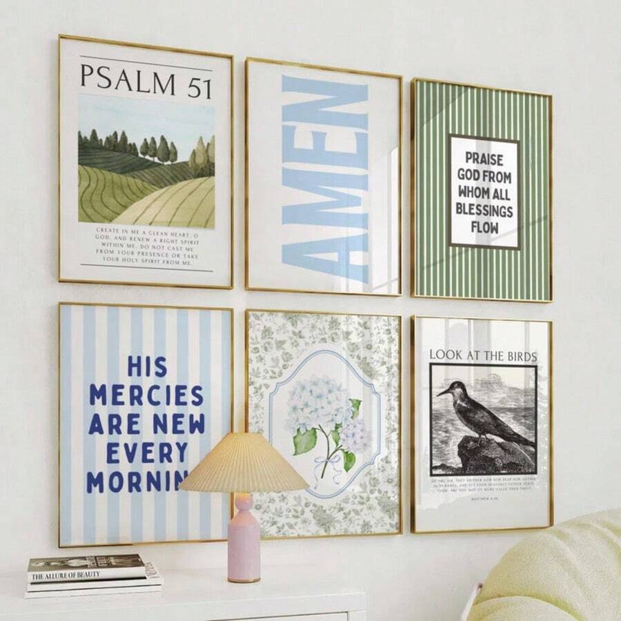 6 幅基督教壁画蓝绿色主题印刷帆布画圣经诗句海报学院风床头装饰适用于客厅、卧室、公寓、宿舍房间装饰礼物（无框） - 彩色 - 查看 1