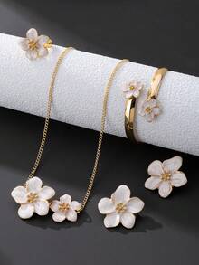 1 件手工油滴白色五瓣花吊坠项链、1 对耳环、1 枚戒指、1 条手链、女士首饰套装 - 白色 - 查看 3