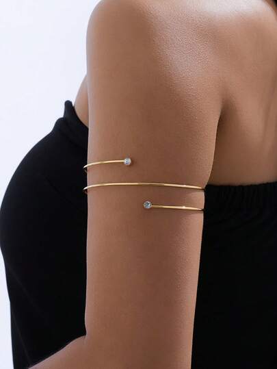 1pc Elegant Simple Dual-Layer Rhinestone & Metal Arm Cuff, Fashion Jewelry For Women, Vacation, Party, Beach