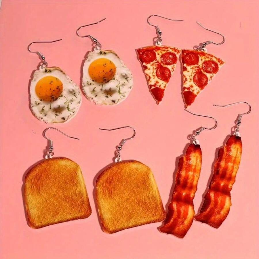 4 Pairs Of Acrylic Gourmet Pendant Earrings, Food-Themed Fried Eggs, Pizza, Toast, Bacon Designs, Cute And Unique Jewelry For Daily Wear, Party Accessories, The Perfect Gift For Food Lovers - 4 cặp - Xem 1