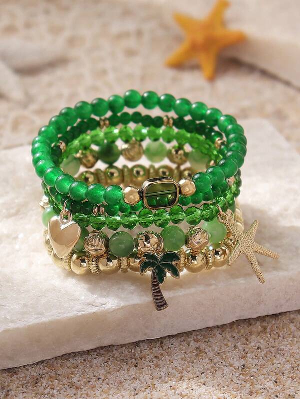 Set de 5 piezas de pulsera de cuentas de vidrio con colgantes de estrella de mar, árbol de coco y corazón, en estilo bohemio y de océano, adecuado para uso casual, playa, fiesta y club de mujeres