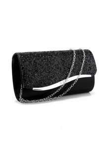 黑色女士晚装包信封设计派对婚礼女孩手提包带链条单肩包天鹅绒时尚钱包