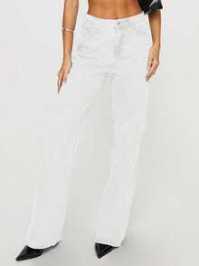 Women's Straight Leg Denim Pants - Elegant Wide Leg Floor-Length Jeans With Button & Zipper, Relaxed Fit Casual Trousers For Everyday Outings - 白色 - 查看 3