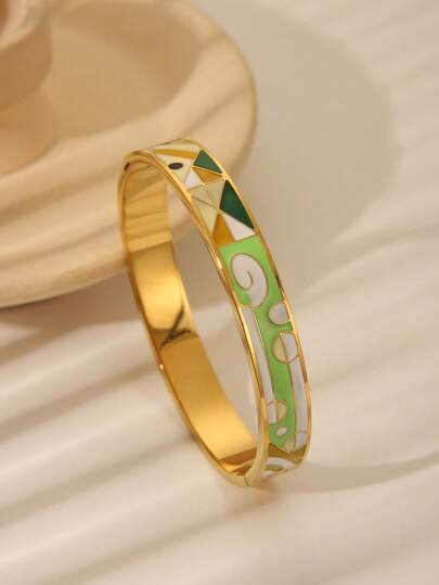1pc Stainless Steel 18K Gold Plated Fashionable & Elegant European & American Style Black Oil Drop Flower Print Gold Bracelet, Green Geometric Pattern, Suitable For Women's Daily Wear