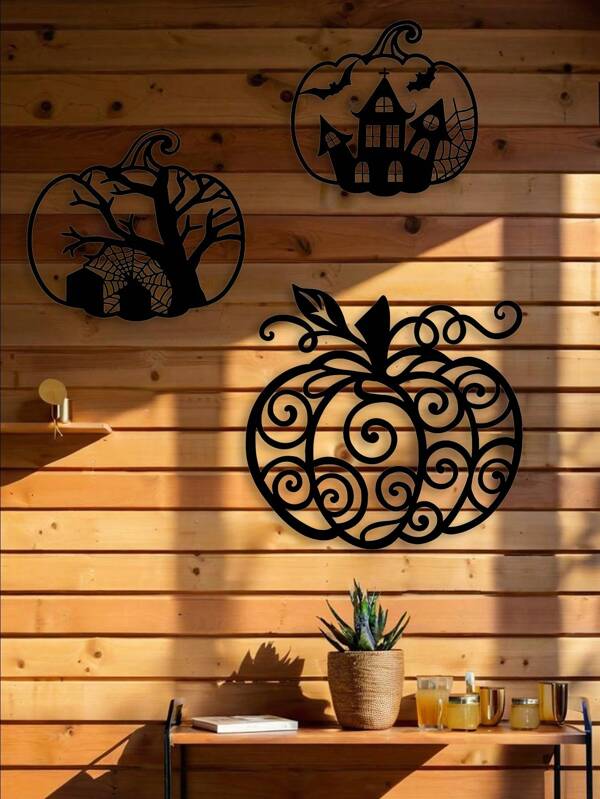 1 Pieza de Arte de Pared de Hierro Industrial, Diseño de Silueta de Calabaza y Murciélago de Dibujos Animados, Decoración de Pared de Metal Antioxidante para Fiesta de Halloween/Hogar/Tienda, Decoración de Casa Embrujada