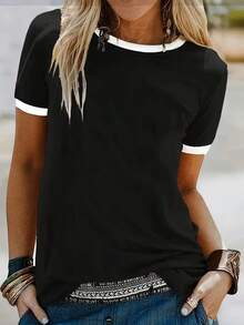 Women's Spring Summer Casual Solid Color Short Sleeved Round Neck T-Shirt - 黑與白 - 查看 4