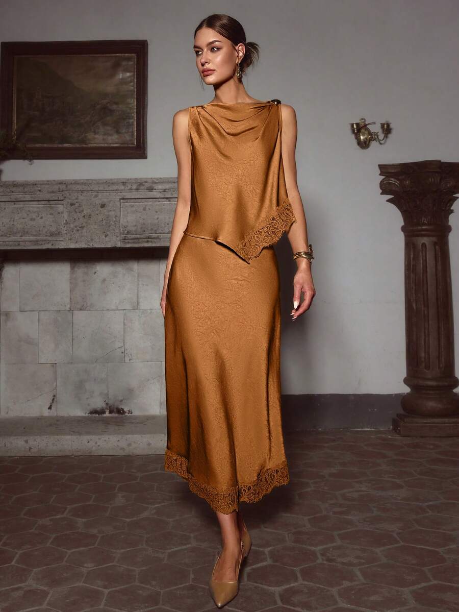 Sollinarry 女士新款缎面蕾丝拼接金属装饰无袖上衣和半裙两件套，派对礼服，婚礼宾客装扮，适合圣诞节、新年和夏季穿着