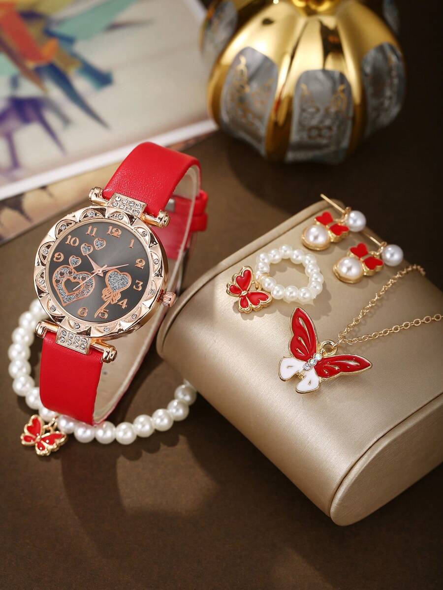 Conjunto de 6 peças de relógio de quartzo feminino elegante, casual, estilo universitário, com colar de pérolas e borboletas, pulseira, brincos e anel, várias opções de cores, presente para irmã combinando, adequado para uso diário, presente perfeito para ela na volta às aulas - Ouro - Ver 1