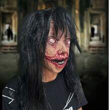 1 pezzo Maschera spaventosa da fantasma femminile con capelli lunghi, Zhen Zi, testa di zombie mutante e disgustosa, per Ognissanti Casa Infestata.