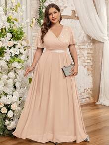 Vestido con mangas de mariposa, cuello en V, encaje floral, parche de gasa, cinturón de strass, talla grande, adecuado para invitados de boda, verano, cumpleaños, graduación, regreso a la escuela y otras ocasiones elegantes - Champán - Ver 4