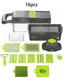 14 peças/16 peças Conjunto Multifuncional de Picador e Fatiador de Vegetais, Picador de Alimentos, Cortador de Vegetais Ajustável com Recipiente, Fatiador de Frutas, Fatiador de Vegetais Multifuncional, Raspador de Batata, Fatiador de Batata e Cebola, Fatiador de Rabanete, Fatiador de Salada, Picador de Alho, Fatiador, Utensílios de Cozinha, Adequado para Fatiar, Ralar e Cortar Vegetais e Frutas