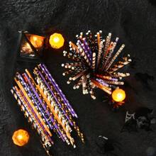 25pcs/50pcs/100pcs Assorted Halloween Paper Straws, 10+ Styles In Black, Orange, Purple Party Straws With Stripe, Wave, Polka Dot, Skull, Ghost, Bat, Pumpkin, Spider Patterns For Halloween Party, Birthday Party, Day Of The Dead, Color And Style Random