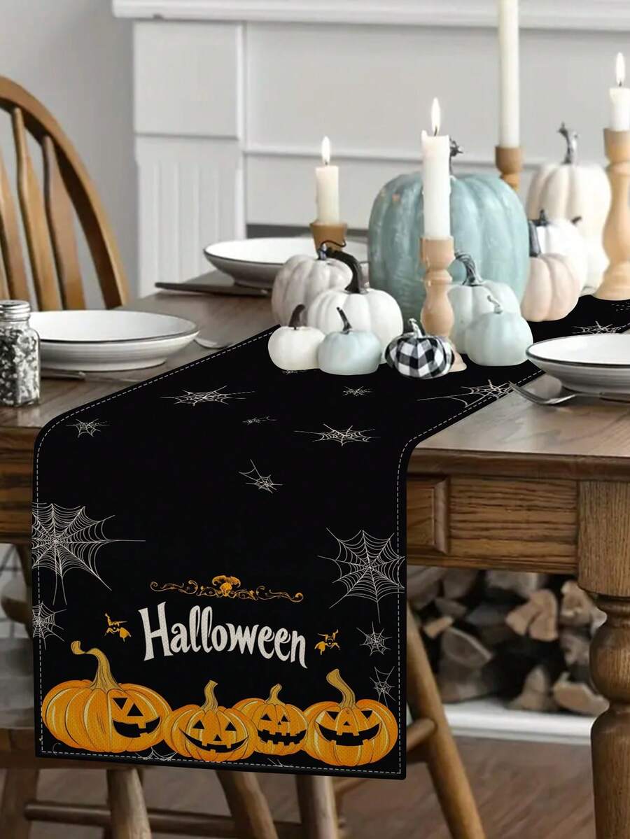 1 pièce/10 pièces Chemin de table motif citrouille d'Halloween et toile d'araignée, chemin de table d'Halloween, chemin de table de la récolte d'automne, décoration de maison saisonnière, style ferme, matériau similaire au lin, 33*91CM/33*183CM/33*274CM, 3 options de taille, décoration de fête d'intérieur et d'extérieur, décoration thème citrouille, décoration de chambre. Convient pour la décoration de cuisine à la maison et la décoration de fête.