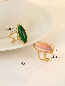 2 buah cincin terbuka stainless steel warna emas dengan batu permata merah muda dan hijau zamrud bertatahkan, cocok untuk wanita sebagai aksesori atau hadiah liburan. - Yellow Gold - View 3