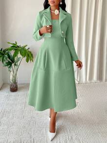 AIJ Amarilo 女士优雅法式时尚纹理短外套和 A 字吊带裙套装两件套 - 淺綠色 - 查看 1