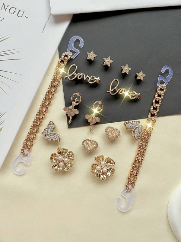 16pcs/Set Fashion Pearl Butterfly & Golden Crystal Pendant Decoration DIY Shoe Charms, Detachable For Sandals, Slippers, Flats, Great Holiday Gift