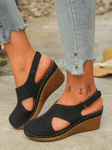 Women's Summer Wedding, Outdoor Party, Daily Wear Elegant Fashion Lightweight Comfortable Sweet New Style Outdoor Wedge Thick Bottom Slip-On Sandals - Black - View 4