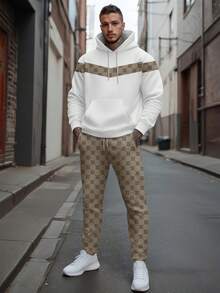 Men's Colorblock Geometric Letter Print 2 Pieces Sports Set, Hooded Pullover Sweatshirt With Drawstring Pants, Casual Streetwear Matching Outfit - Multicolor - View 2