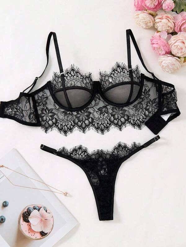 Sexy Lingerie Fashionable Black Lace Transparent Temptation, Sexy Lingerie Set, Sexy Lace Eyelash Style, Black Floral Lace, Modern Fashion Style, Classic Temptation, Holiday Style, Two Pieces Lingerie Set Showcasing Women's Sexy Charm, Comfortable Home