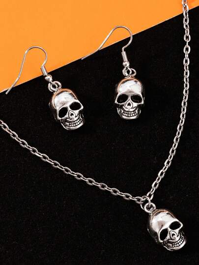 3pcs/Set Funny Halloween Skull Pendant Earrings Necklace Set, Halloween Fashion Jewelry Set