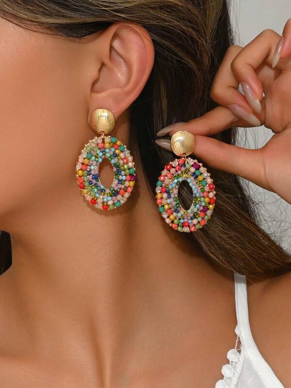 1 Pair Colorful Beaded Crystal Hoop Earrings For Women