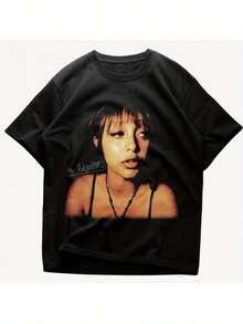 PinkPantheress Vintage-Inspired T-Shirt - Soft Cotton, Crew Neck, Short Sleeve, Black With Artistic Face Print, Casual Sporty Style For All Seasons - 黑色 - 查看 1