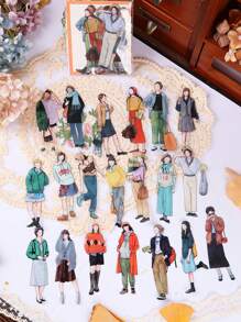 40张韩式卡通人物时尚PET贴纸，休闲时光系列4包卡通贴纸，风景装饰，剪贴簿DIY材料，自粘剪贴簿用品文具