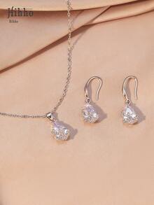 Hihho 3pcs/Set Stainless Steel Chain Necklace, Women Jewelry Transparent White Zirconia Inlaid Water Drop Pendant Necklace And Earrings, Fashionable Minimalist Water Drop Design, Suitable For Daily Wear, Holiday And Date Gift - Silver - View 1