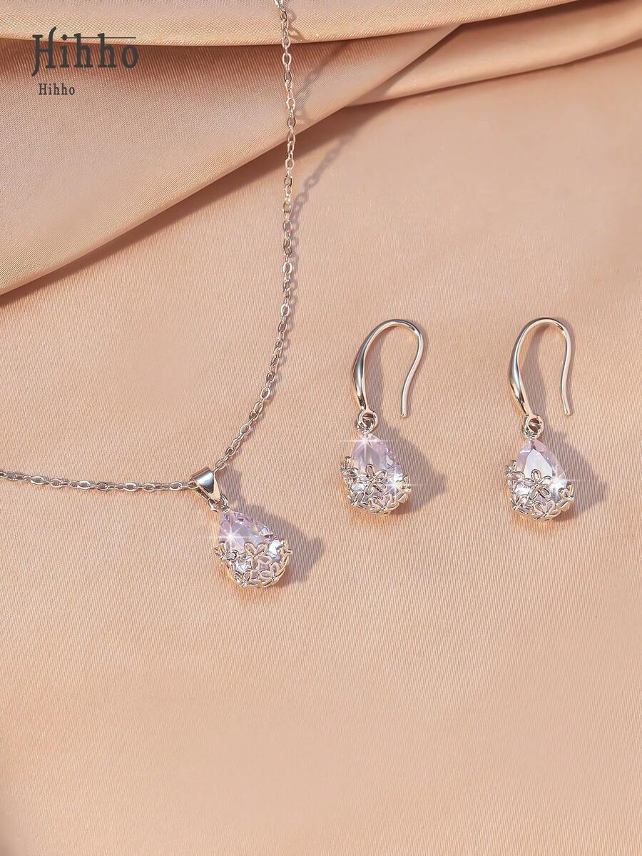 Hihho 3pcs/Set Stainless Steel Chain Necklace, Women Jewelry Transparent White Zirconia Inlaid Water Drop Pendant Necklace And Earrings, Fashionable Minimalist Water Drop Design, Suitable For Daily Wear, Holiday And Date Gift - Silver - View 1