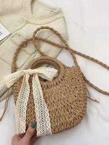 1 pieza Bolso bandolera semicircular tejido con cordón para mujeres, bolso de tote de moda para vacaciones adecuado para viajes y compras diarias, bolso de playa llamativo para el verano, bolso de playa de paja de verano para mujeres