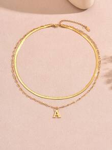 1pc Minimalist Stainless Steel Double Layer Necklace With Uppercase Letter Pendant, Suitable For Women's Daily Wear Or As A Gift For Friends - Yellow Gold - View 4