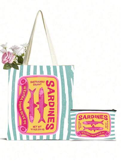 1 PIEZA Bolso reutilizable de mujer, juego de bolso y bolsa de cosméticos - Bolsa de compras de poliéster con estampado de lata de sardinas a rayas rosa y verde minimalista y colorido, diseño de correa de hombro fija, adecuado para playa, picnic, comestibles y almacenamiento de alimentos
