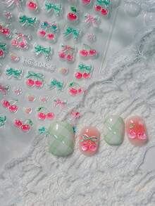 1 樱桃蝴蝶结指甲贴，5D浮雕立体甜美樱桃蝴蝶结指甲贴纸 Y2K 风格 DIY 美甲用品 - 彩色 - 查看 3