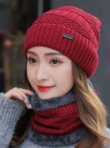 1 Set Women Outdoor Solid Color Fleece Lined Knit Beanie Hat & Scarf, Unisex Suitable For Outdoor, Street, Daily Use, Fashion Versatile Knitted Hat, Ideal Gift (Random Black Fuzzy Scarf)