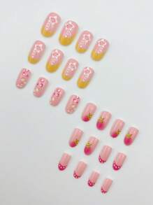 立即提升您的外观，24 件/套短椭圆形红色和黄色法国花朵按压式指甲套装，适合辣妹、办公室女性、派对、约会和日常穿着和派对使用按压式指甲美甲用品指甲 - 彩色 - 查看 3