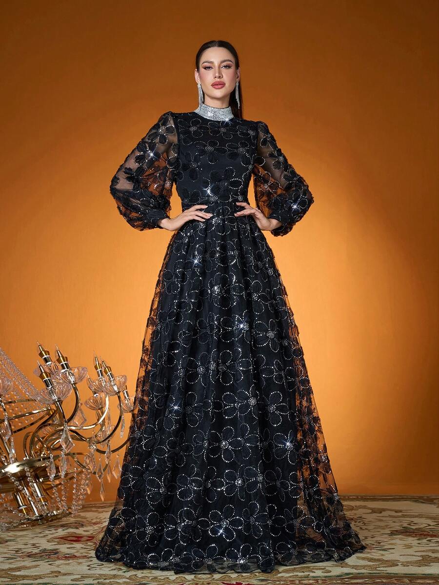 3D Floral Embroidered Pearl Collar Lantern Sleeve Elegant High Neck Illusion Prom Dress, Suitable For Prom, Wedding, Party, Wedding Guest, Evening Gown - Black - View 1