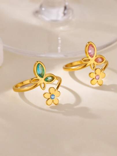1 pieza Anillo de mariposa y flor de circonita de lujo para mujeres, color dorado de acero inoxidable, anillo abierto de moda para boda y pareja, joyería 2025