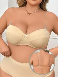 Women Beige Plus Size Unlined Underwire Bra Strapless Backless Invisible Underwear - Beige - View 3